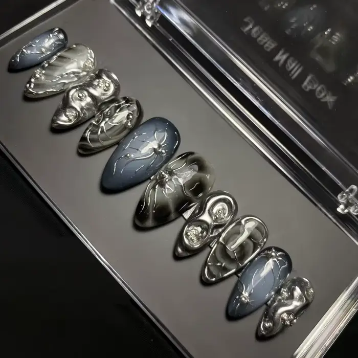 24 pièces presse foncée sur faux ongles avec paillettes noires modèles métalliques 3D doux frais amande