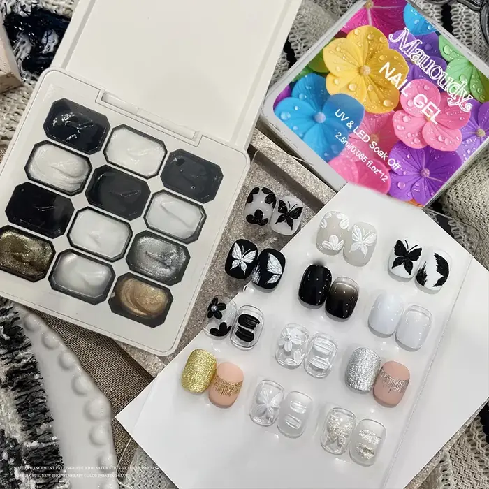 Nouveau vernis à ongles en gel solide 12 couleurs très populaire—Avec des teintes blanches, noires, dorées et argentées pour les manucures françaises—Longue tenue et