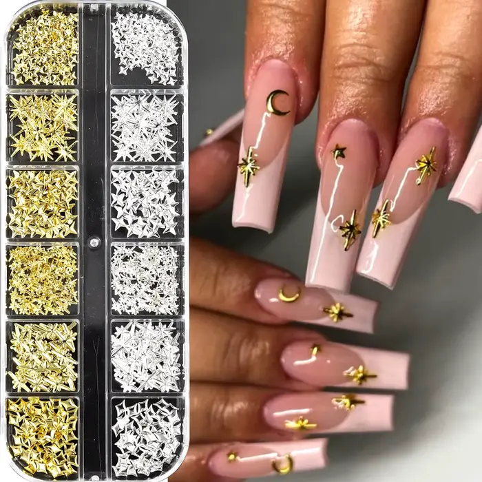 6/12 grilles or étoile lune rivet métallique 3D breloques pour ongles alliage soleil lune Starlight