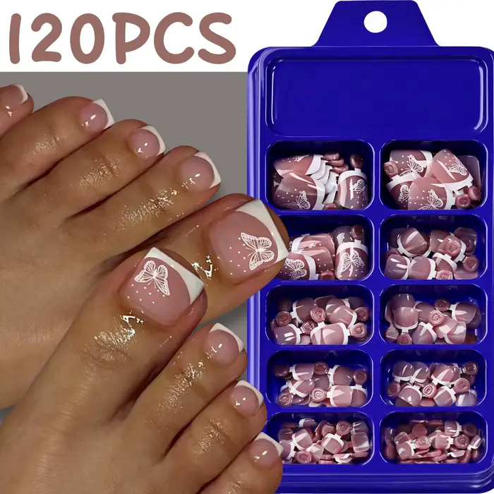 120 faux ongles de pieds carrés courts brillants style français papillon, 12 tailles, à presser, cou
