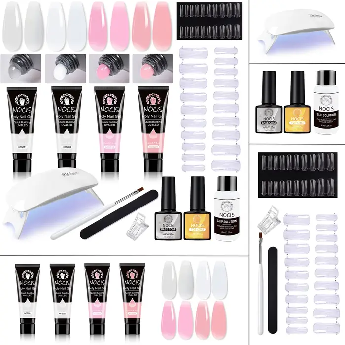 Kit d'extension d'ongles en polygel 4 couleurs NOCIS - Gel de construction résistant et durable avec lampe UV compacte - Obtenez des résultats comme au salon