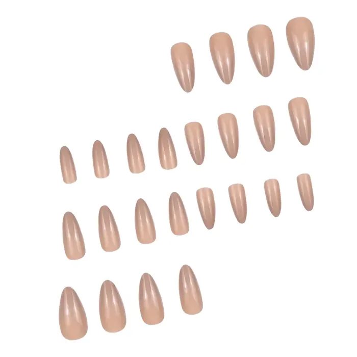 24 ongles d'amande faits à la main avec une finition beige nude brillante. Un look naturel «mes
