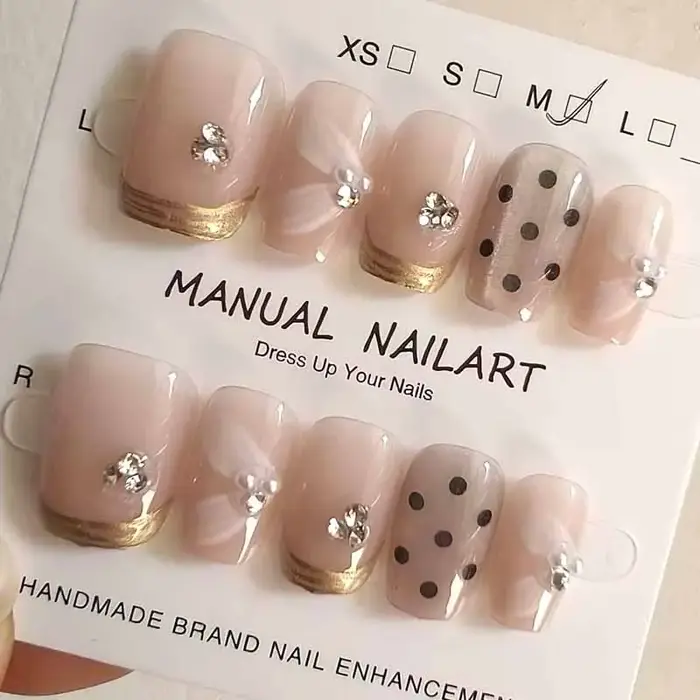10 pièces à pois avec diamants fait à la main utilisable presse sur les ongles couverture complète oeil de chat