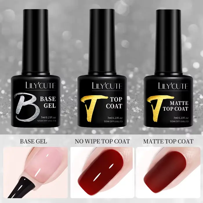 LILYCUTE 7ml Base Nowipe Top Coat Soak Off UV LED Gel Vernis à Ongles Gel de Renforcement Semi-Permanent Multifonctionnel