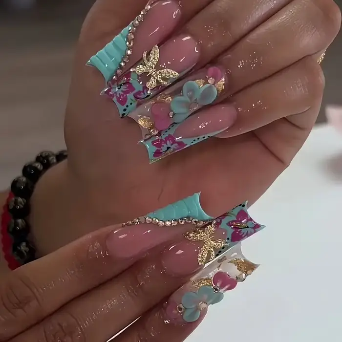 Faux ongles français imprimé léopard rose