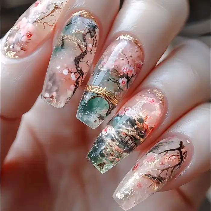 24 pièces/ensemble faux ongles mi-longs fleurs de poisson de cygne pour la saison d'été dégradé amande pointes de