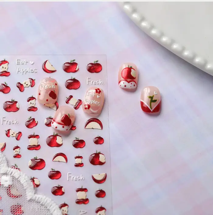 Autocollant 5D pour ongles en forme de pomme rouge, motif dessin animé, tranche de pomme, fruit mignon, décoration auto-adhésive, manucure, décalcomanie DIY