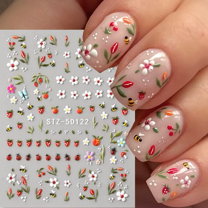 5D en relief Kawaii coccinelle curseurs printemps blanc marguerite fleurs ongles autocollants bricol