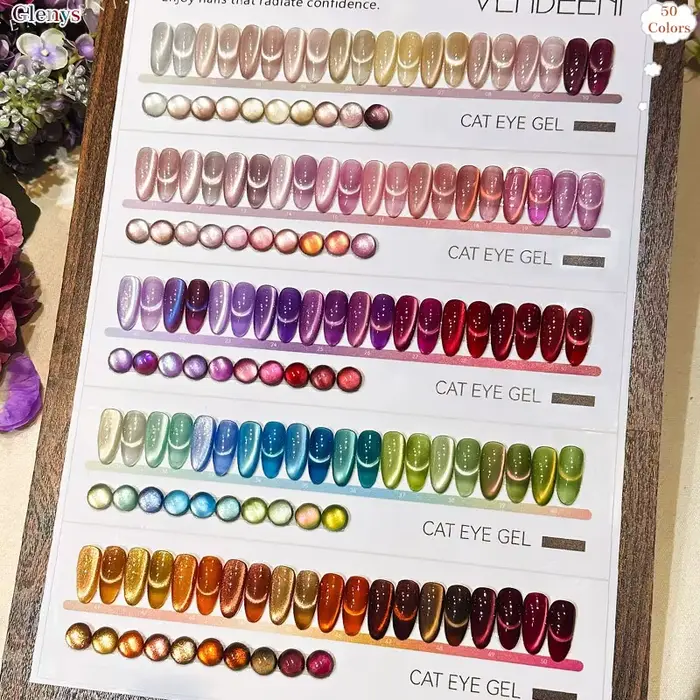Gel UV/LED pour ongles effet œil de chat 50 couleurs Glenys – Kit professionnel pour salon de manucure