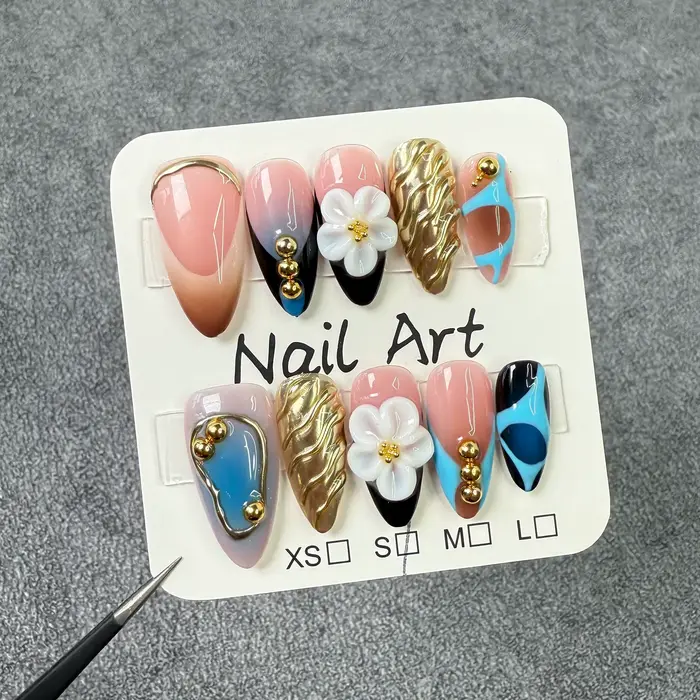 10 pièces épicées filles amande à la main presse sur ongles 3D fleur faux ongles portable ongles à c