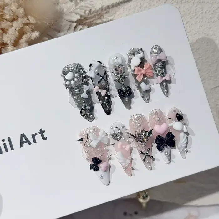 Jirai Y2K Spice Girl Black Pink Long Tip French Press On Nails Sweet Cool Menhera Nail Art 3D Bow Cross Kawaii Cute Fake