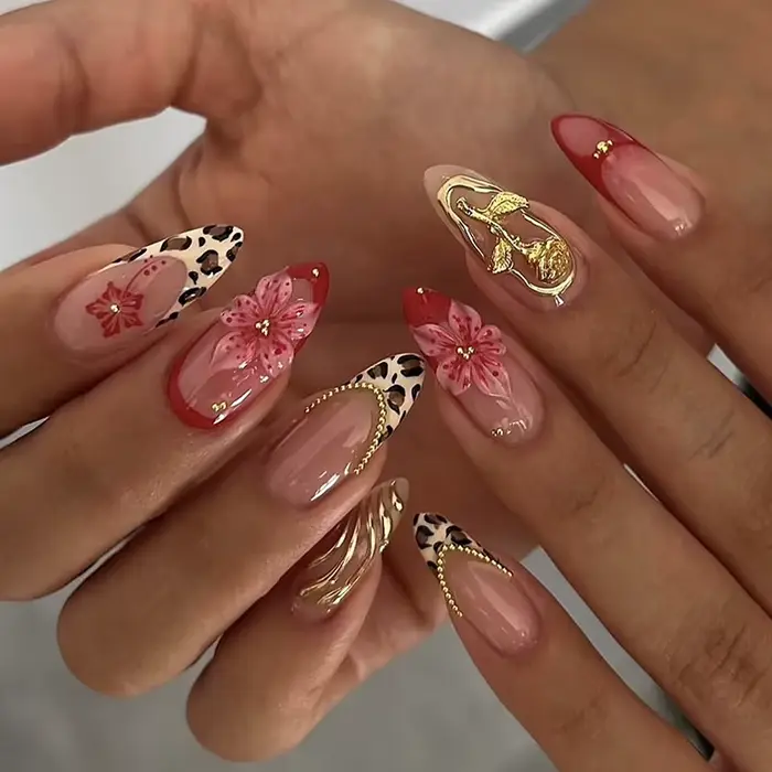 Faux ongles français imprimé léopard, 24 pièces, fleur 3D, Rose dorée, mi-longs, amande, couverture 