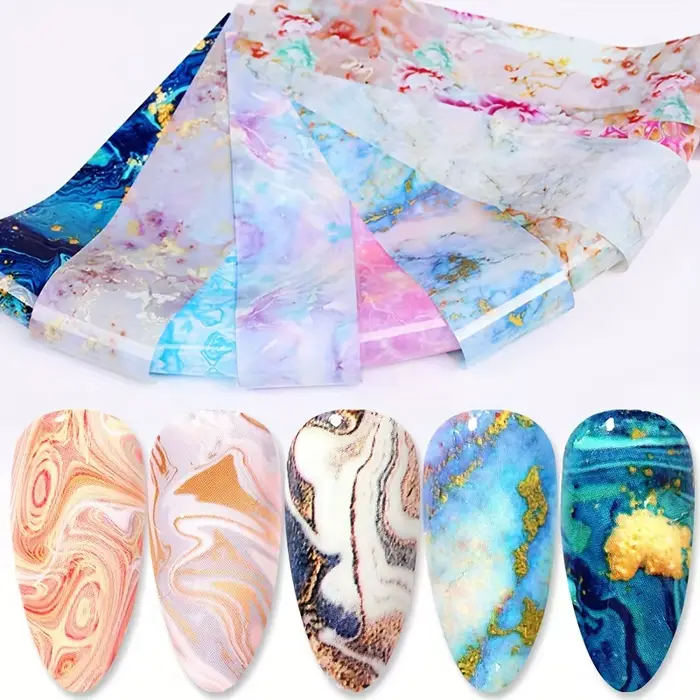 Lot de 10 feuilles de transfert pour nail art à motif marbre - Thème fantaisie, paillettes, pré-coll