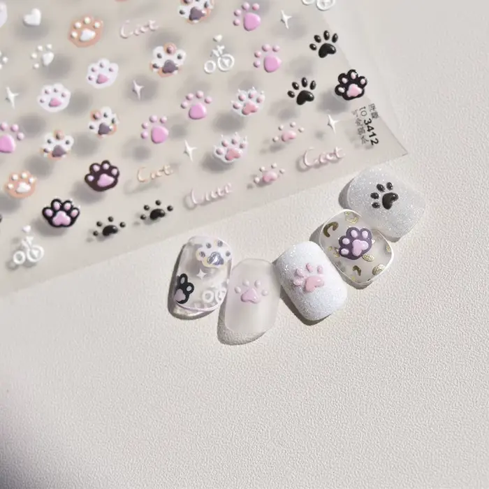 Autocollants pour ongles chat mignon gelée rose patte