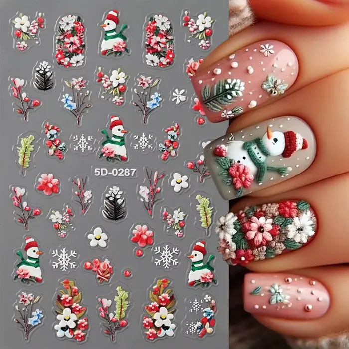 Autocollants 5D pour ongles, motifs floraux roses et bleus, pétales, feuilles, plantes en relief, dé