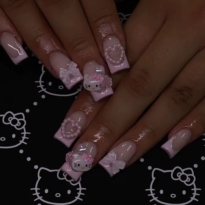 24 ongles carrés moyens rose français mignon dessin animé chat blanc amour camélia Patch