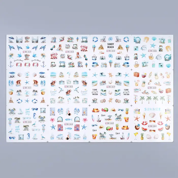 12 Motifs Autocollants Ongles Thème Océan Estival Coquillages Étoiles de Mer Méduses Décoration Manu