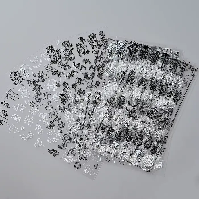 Autocollants 3D fleurs en dentelle noire et blanche pour Nail Art, étiquette auto-adhésive à ligne g