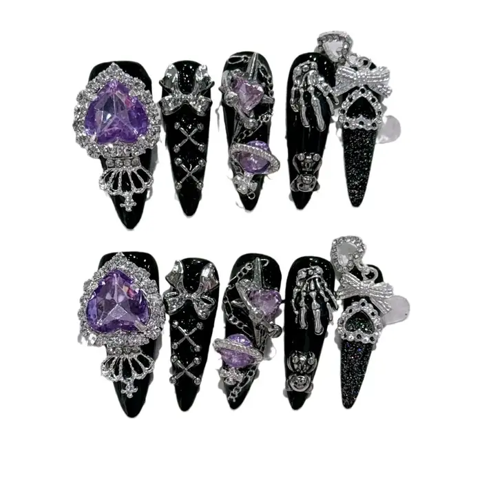 Japonais Menhera Luxe Long Tips Presse Sur Les Ongles y2k Spice Girls Noir Fait Main Nail Bear Arc Couronne Violet Diamants Faux