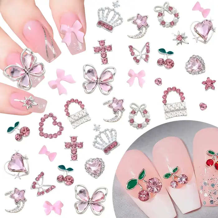 50/58 pièces mixte luxe rose cristal papillon/arc Y2k ongles breloques 3D métal argent alliage Nail 