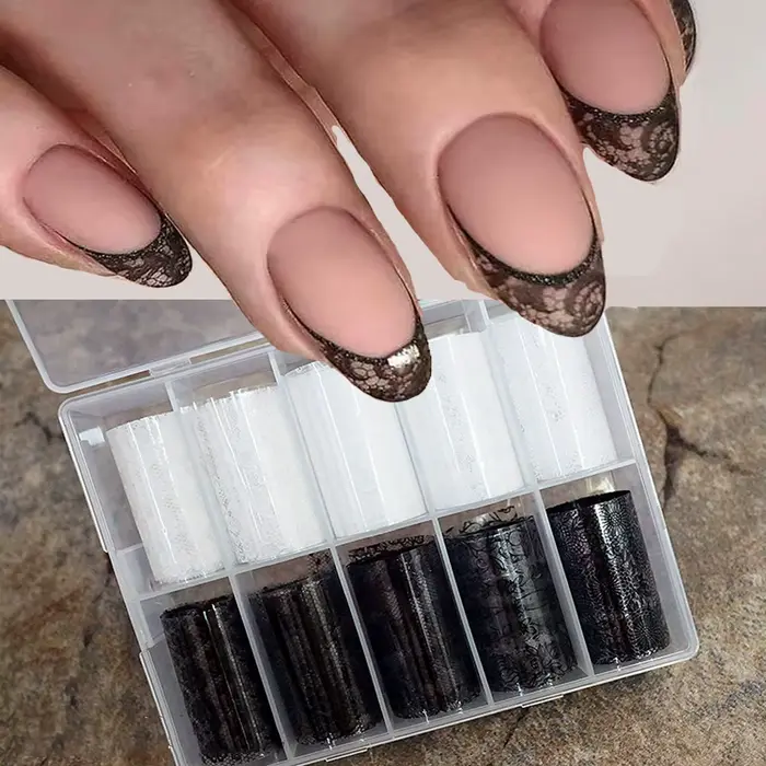 Autocollants de transfert d'ongles en dentelle noir et blanc, 10 rouleaux/boîte, enveloppes complète