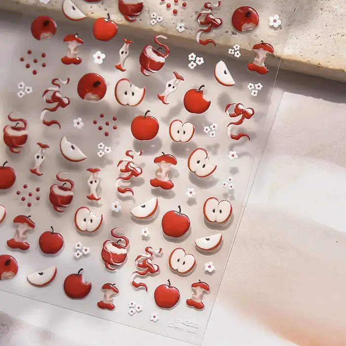 Autocollant 5D pour ongles en forme de pomme rouge, motif dessin animé, tranche de pomme, fruit mign
