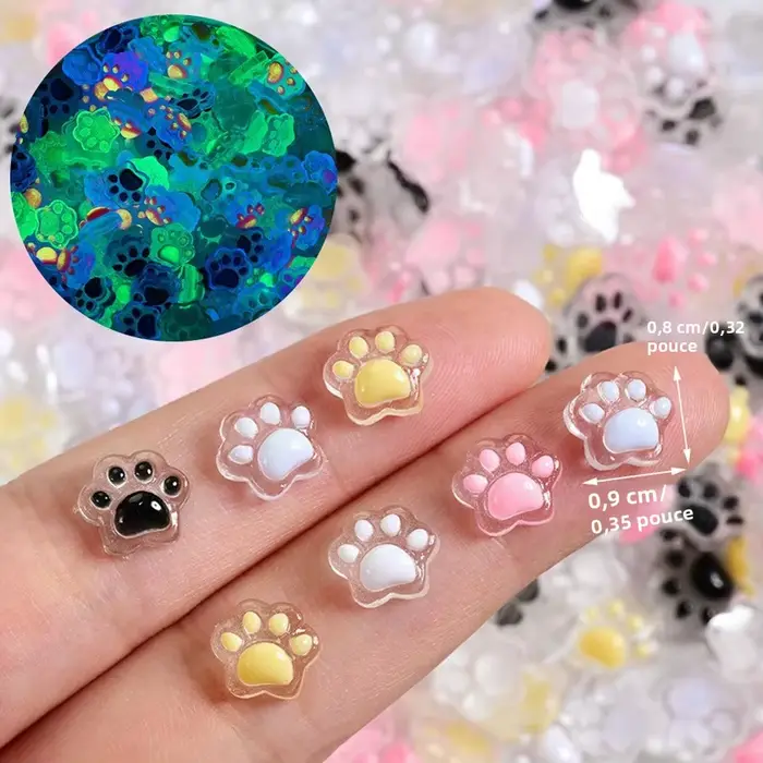 50 pièces de breloques lumineuses pour ongles en forme de pattes de chiot et de chat, décorations 3D pour nail art, accessoires