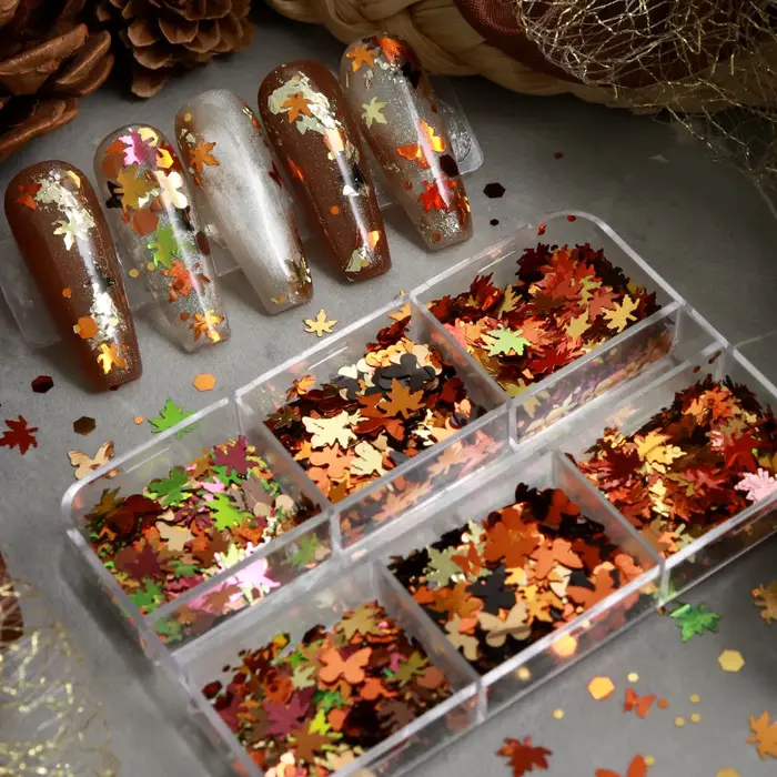 Paillettes pour ongles en forme de feuilles d'érable d'automne, feuilles d'automne, papillons, hexag