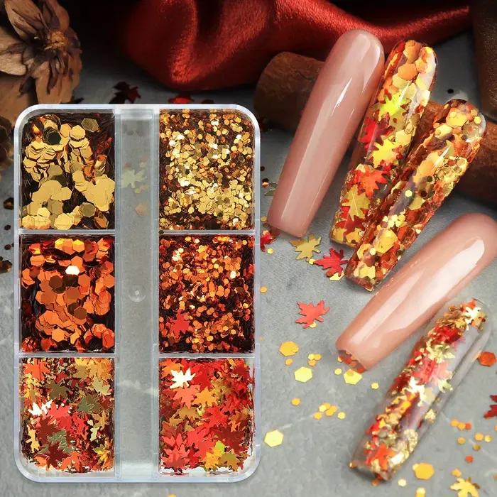 6 compartiments de paillettes pour ongles à thème automne, feuilles dorées, rouges et oranges, pour nail art, décorations DIY, fournitures pour ongles en acrylique et décalcomanies