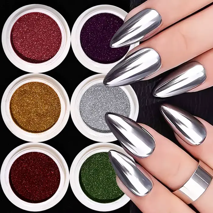 6 pots de poudre magique effet miroir caméléon + paillettes holographiques pigmentées pour ongles, d