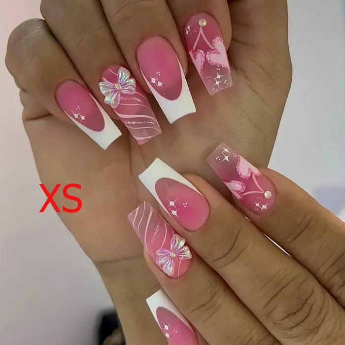 10 pièces longues Ballet mat français blanc bordure rose ongles acrylique