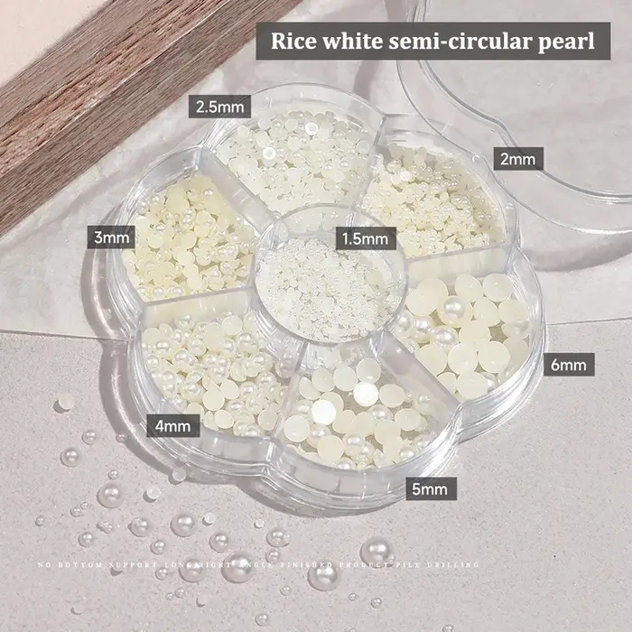 7 grilles argent or taille mixte perle Nail Art décorations blanc demi-rond fond plat