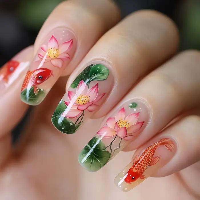 24 pièces/ensemble faux ongles mi-longs fleurs de poisson de cygne pour la saison d'été dégradé amande pointes de