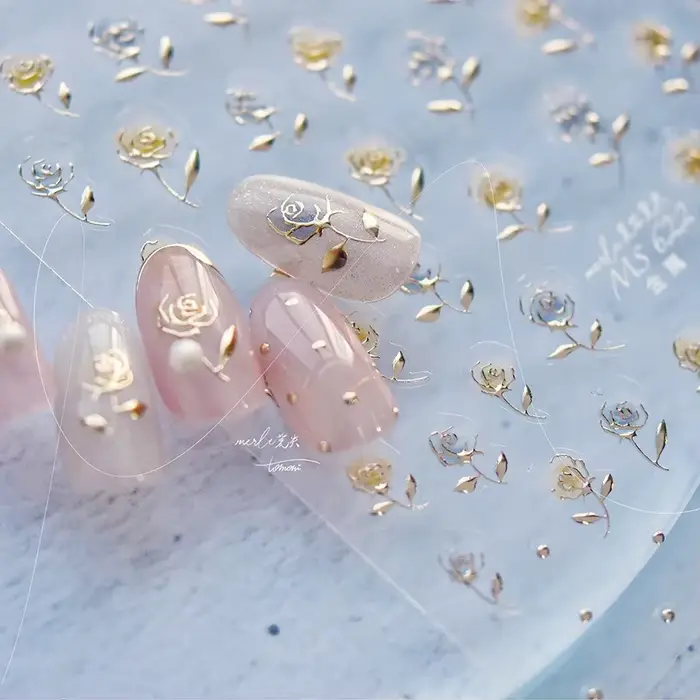 Autocollant 5D pour Nail Art, fleur de Rose de style japonais, estampage doré, pétales creux, nœud p