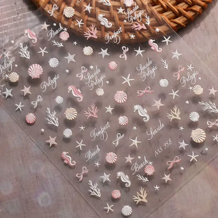 Autocollants pour ongles Coquillages Océaniques Aurora - Décorations 3D en relief Étoiles de mer et Hippocampes pour