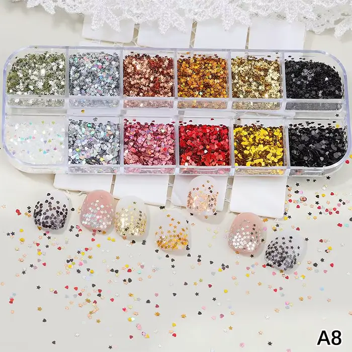 Mélange de paillettes pour ongles, 12 compartiments, 1 mm, étoiles et cœurs, kit de nail art coloré