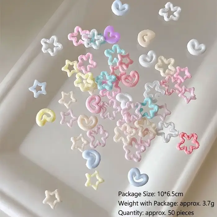 50 Pièces Breloques 3D pour Ongles, Couleurs Bonbon, Cœurs et Étoiles Creuses, Effet Sucre, Pentagra