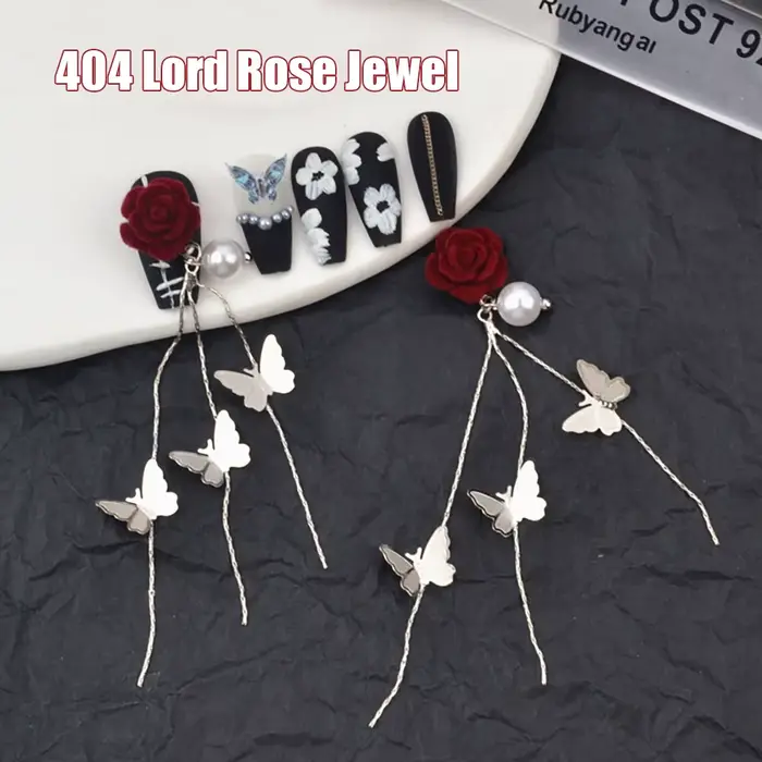 -Lord Rose-bijoux pour ongles chics, chaînes de fleurs en velours rouge, pendentifs, Niche Palace Court Vibe papillon, breloques en Gel UV, DIY, 404arts