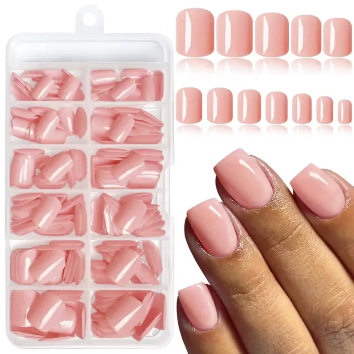 Faux ongles français courts et carrés pressés, en couleur unie, en acrylique réutilisables, adaptés
