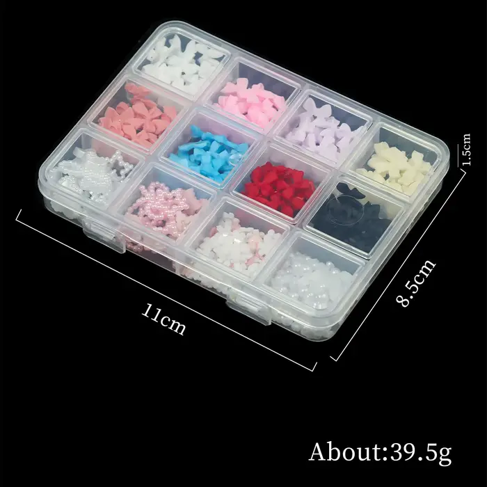 Boîte de 12/15 compartiments de décorations pour ongles en résine, nœuds papillon mixtes, breloques