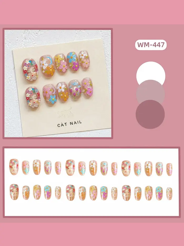24/30 faux ongles à presser, motif floral aquarelle, courts et ovales, pour femmes, décoration florale printemps-été