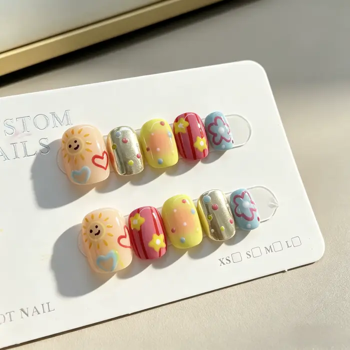 10 faux ongles courts ovales faits main motif tournesol