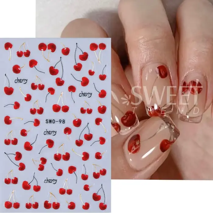 2 autocollants pour ongles en cerise rouge