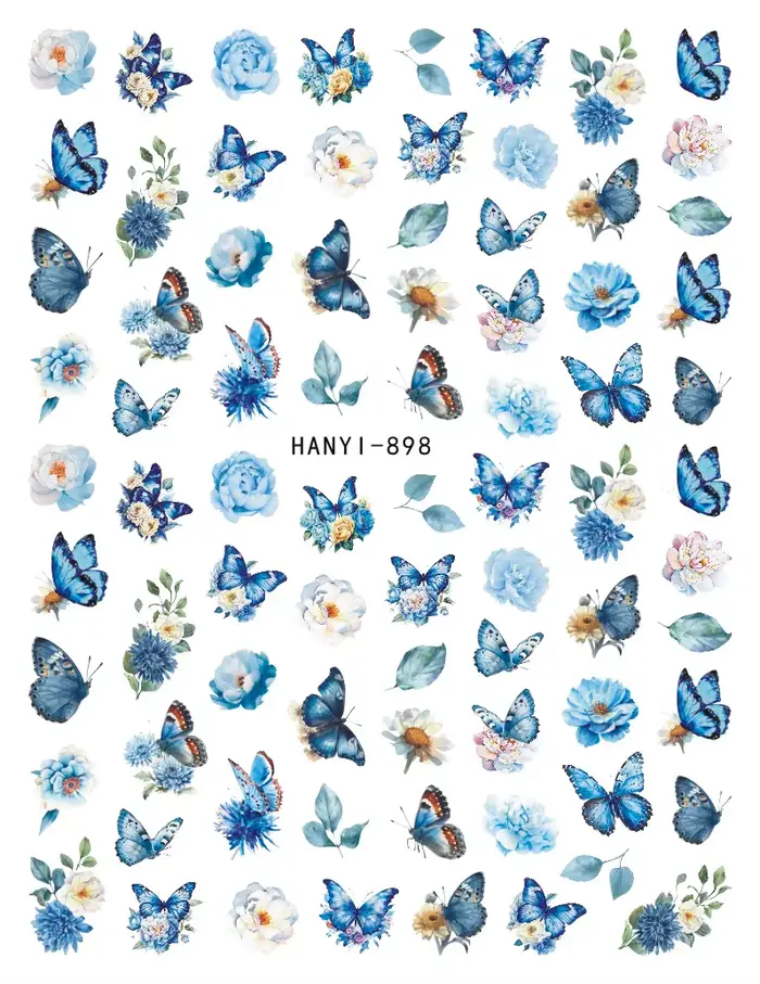 Autocollants 3d pour Nail art, décalcomanies de printemps, fleurs bleues et blanches, papillons jaun