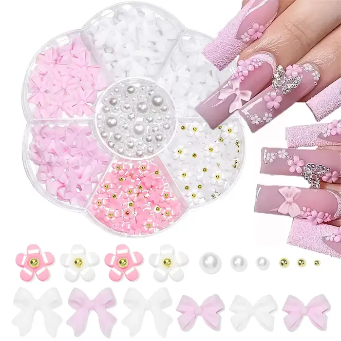 Mélange acrylique nœud papillon 3D Nail Art décorations fleur résine breloques or perles Caviar perle mixte strass acces