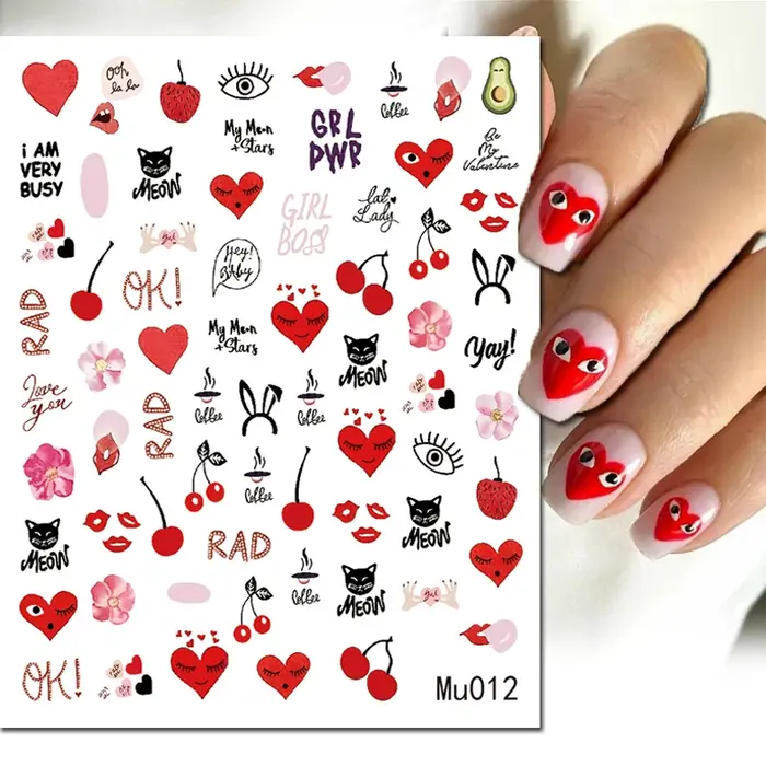 3d Nail Art décalcomanies saint valentin coeurs rouges ballons chats mignons amour lettres autocollants pour ongles Art manucure conseils décorations