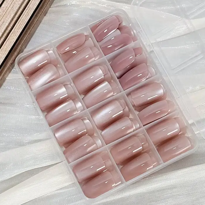 144 pièces/boîte Ongles press-on effet œil de chat rose nude brillant |   Faux ongles courts, ronds,