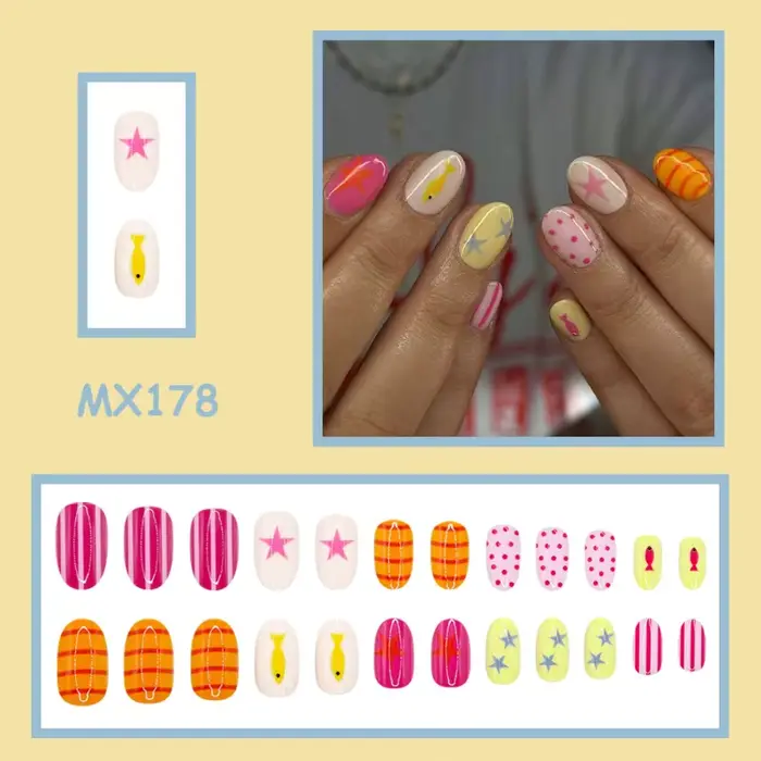 24 faux ongles courts et ronds d'été