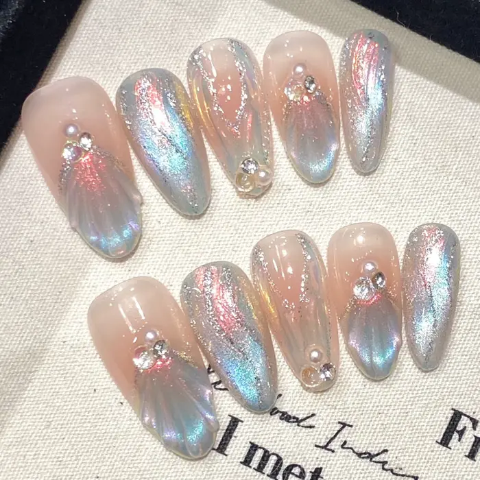 10 pièces à la main sirène faux ongles 3D été océan perle diamant conceptions presse