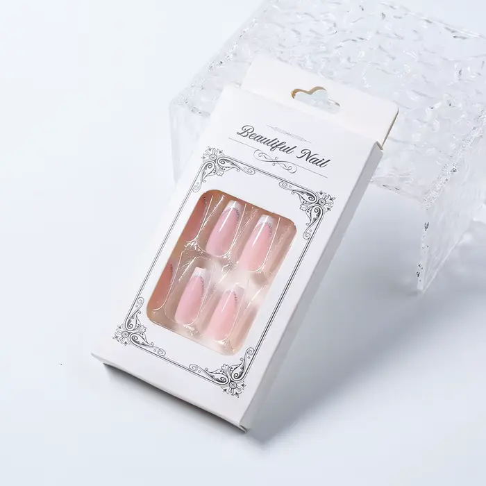 Faux ongles cercueil carrés courts, 24 pièces, à paillettes françaises, portables, couverture complè